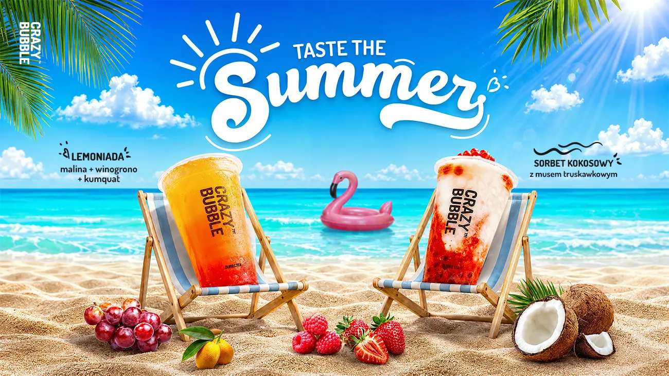 Bright tropical beach promo showing two large fruit drinks in deck chairs, with a pink flamingo raft in the turquoise water and fresh fruit on the sand, under 'Taste the Summer' branding.